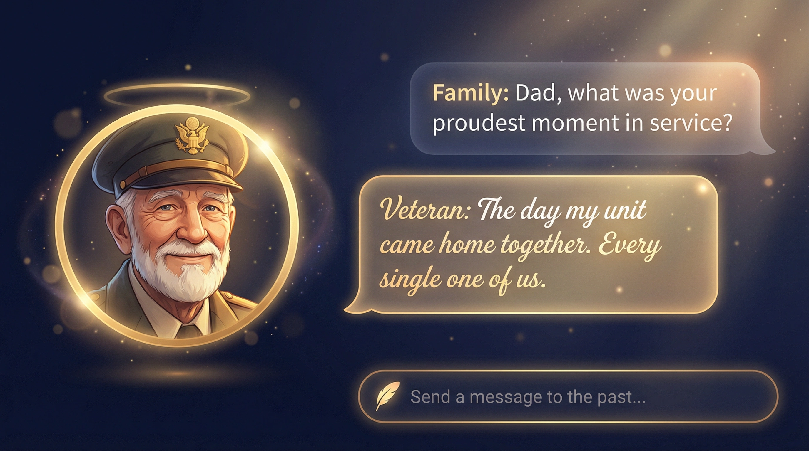 Digital presence chat interface showing a family member conversing with a veteran's digital persona