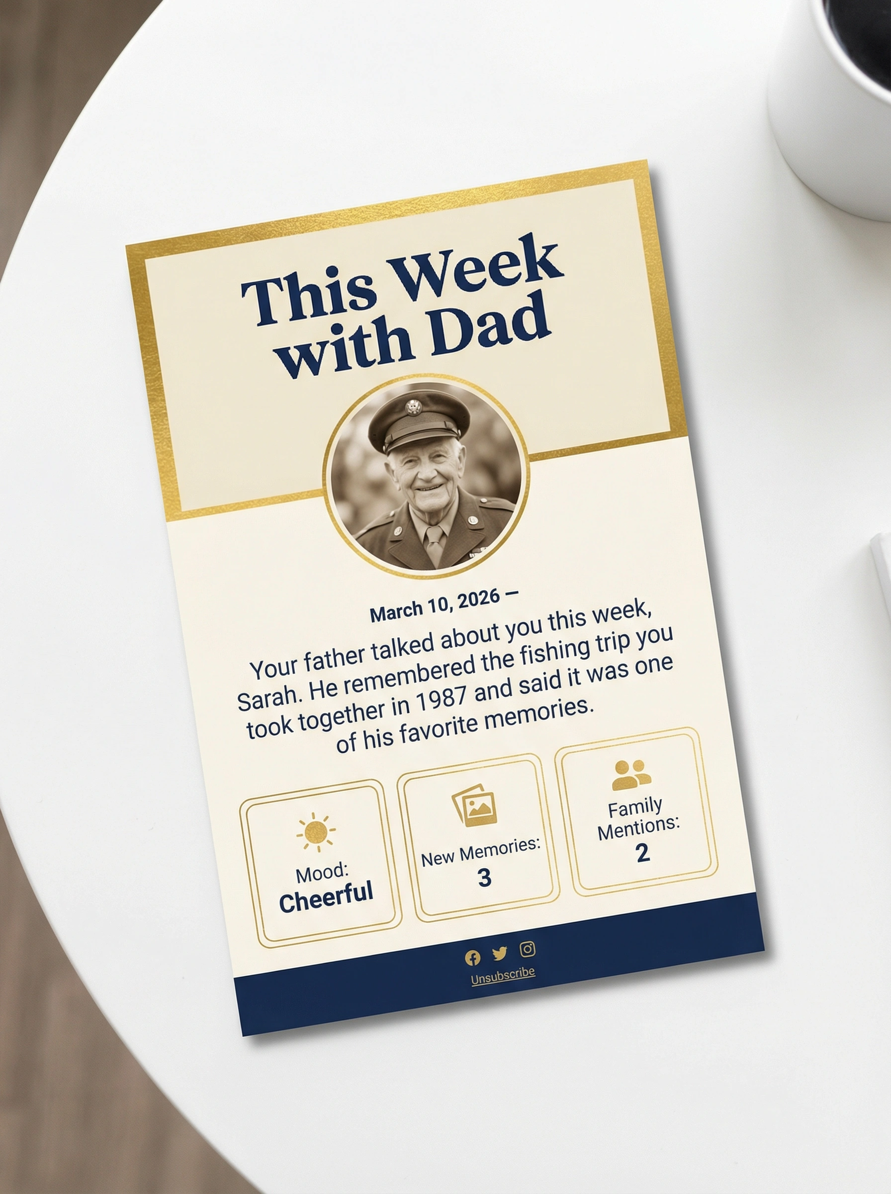 Sample 'This Week with Dad' family report email showing veteran's weekly update