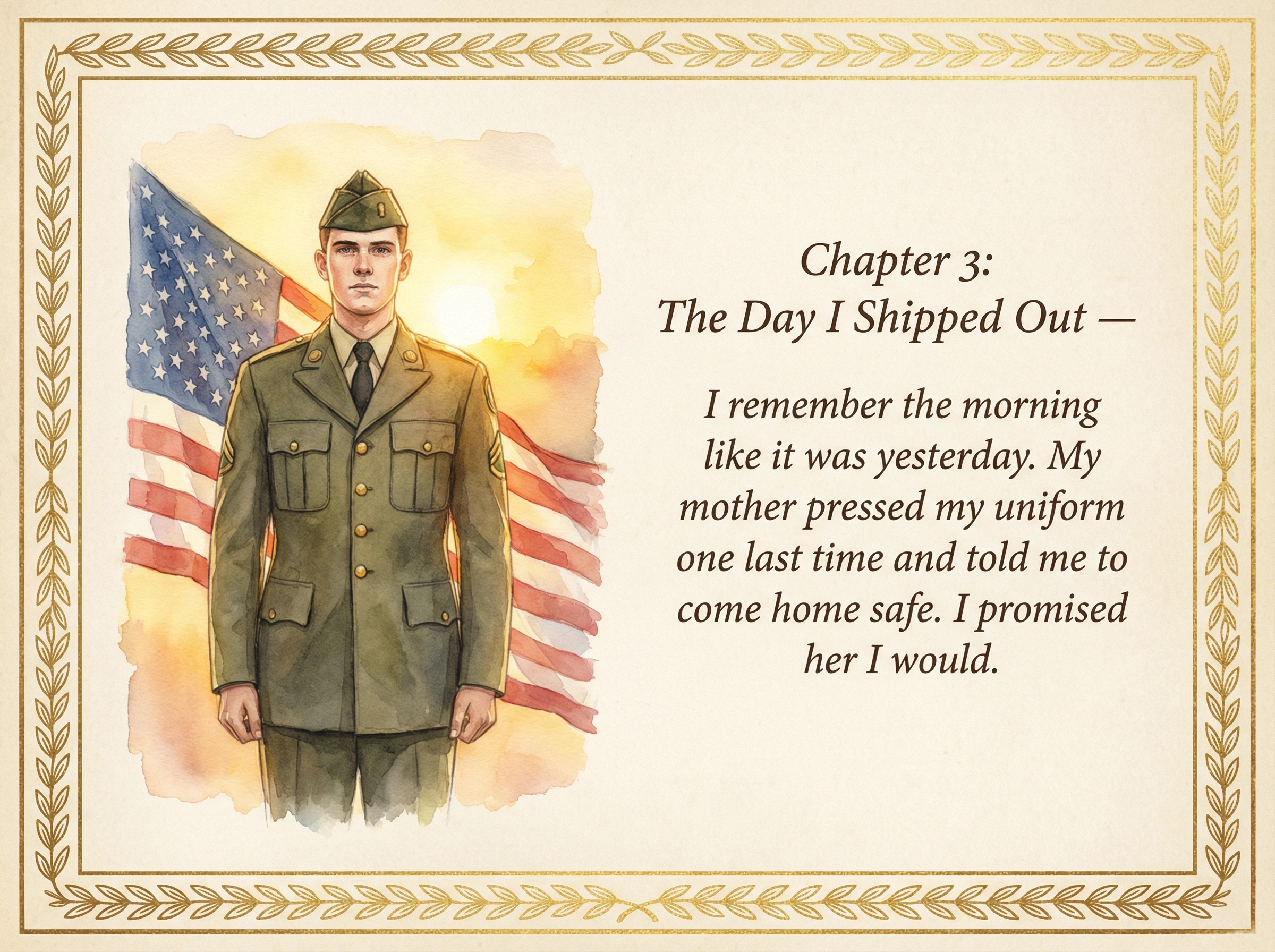 Sample illustrated storybook page showing a veteran's memory in watercolor style